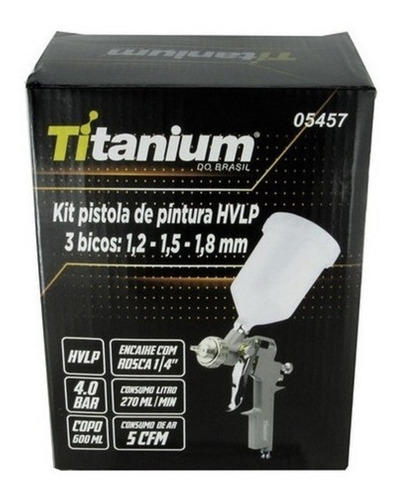 Kit Pistola De Pintura Hvlp Prof 5457 Titanium + 3 Bicos Cor Branca