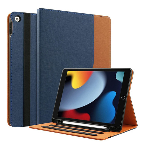 Funda P/iPad 7ma/8va Gen. Portalapiz De Cuero Azul/marron