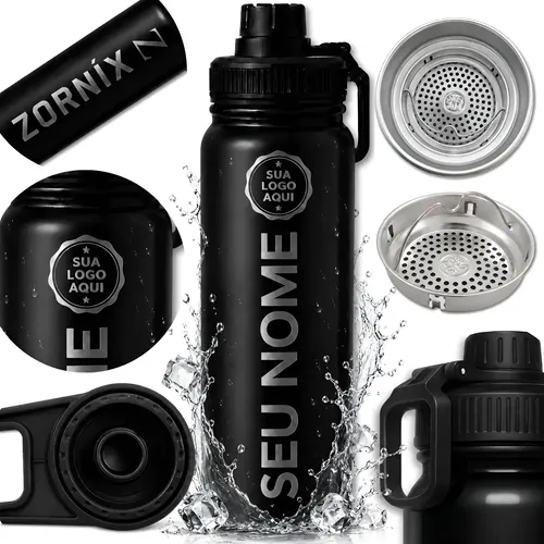 Garrafa Térmica Água Personalizada 800ml Inox Academia Preto Personalizado