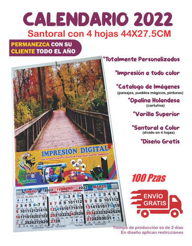 100 Calendarios C/santoral 4 Hojas,48cm X 27cm, Envio Gratis