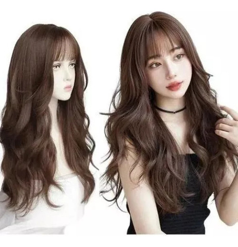 Peluca De Cabello Humano Largo Y Rizado Marrón Con Flequillo