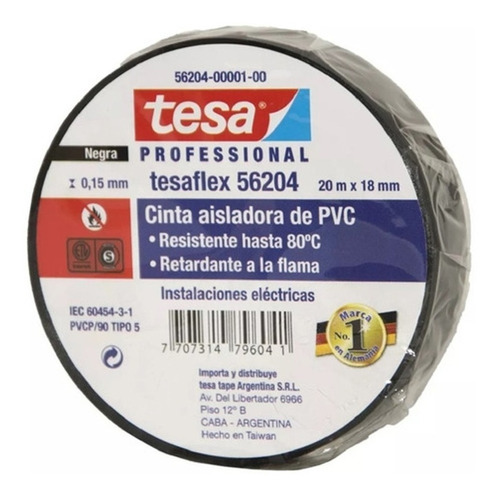 Cinta Aislante Profesional Pvc 56204 Tesa - 18mm X 20 M