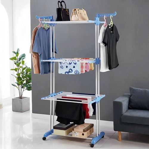Varal De Chão De Pe Grande Vertical 3 Andares Dobrável Roupa Cor Branco Detalhe Azul