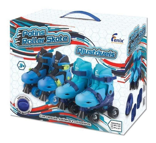 Patins Infantil Roller 4 Rodas Azul Kit Proteção 30 Ao 33