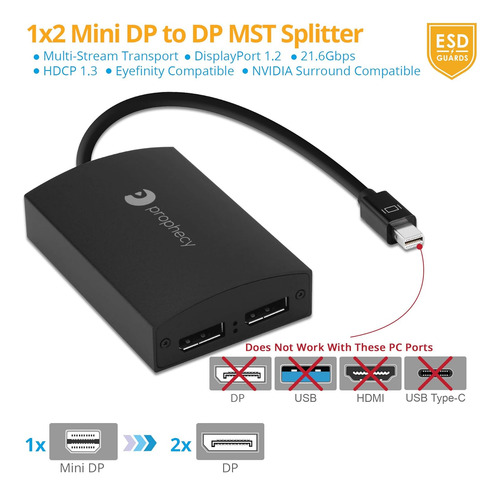 Adaptador Dp 1x2 - Hub Mst Dp 2 Puertos 4k