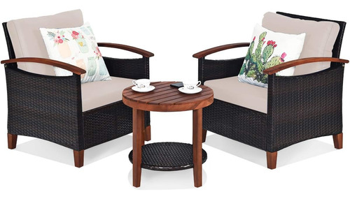 Juego De Muebles De Patio 3 Piezas Ratán Mesa Y Cojines Beige