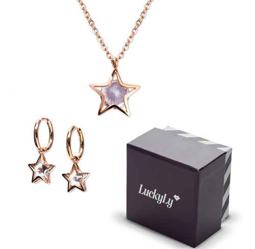 Juego Joyería Mujer Collar Aretes Zirconia Estrellas Luckyly