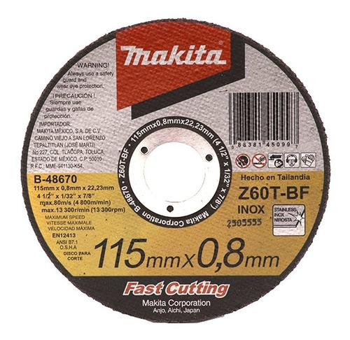 Disco P/corte Acero Inox 4-1/2''x0.8mmx7/8'' B-48670 Makita