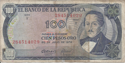 Colombia  100 Pesos Oro 20 De Julio De 1974