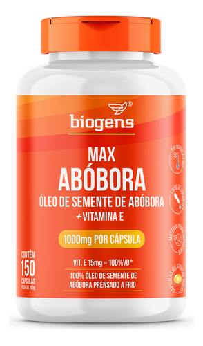 Max Abóbora, Óleo De Semente De Abóbora Com Vitamina E, 1000mg, Prensado A Frio, 150 Cápsulas, Biogens