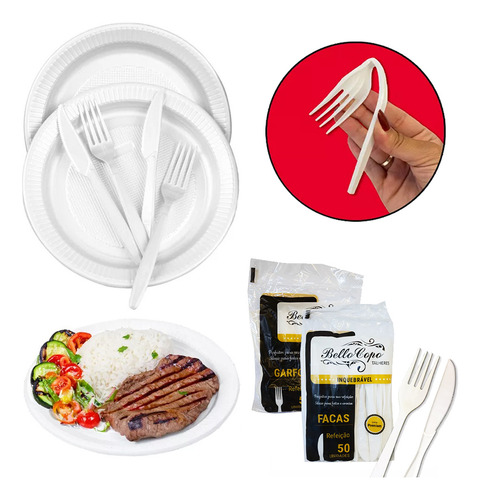 Kit Descartaveis Churrasco Talher Inquebrável E Prato 100 Un