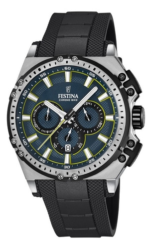 Reloj Festina F16970.3 Para Hombre Cronógrafo Malla Negro Bisel Gris Fondo Azul Acero