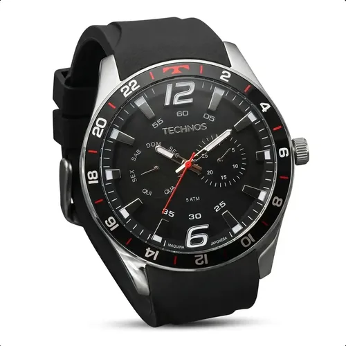 Relógio Technos Masculino 6P25BN/8P Analógico 46 Milímetros Pulseira Silicone Preto Macia Prova D´Agua 50m com Calendário