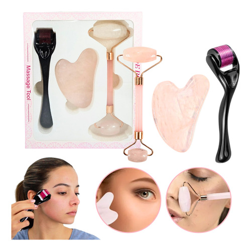 Set Facial Dermaroller + Rodillo Masajeador + Piedra Guasha