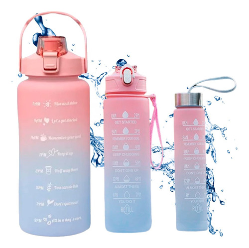 Kit Garrafa Motivacional 2l + Garrafa 1l + Garrafa 500ml Cor Rosa com Azul