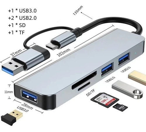 Hub 5 En 1 Adaptador Usb C/a Puertos Usb3/usb2/sd/tf Mac Pc
