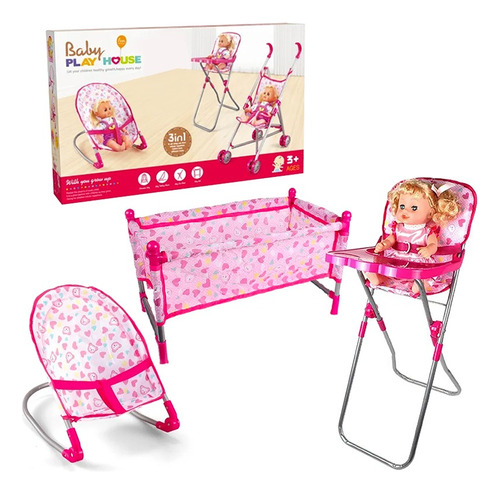 Set Juego Para Muñecas 3 En 1 Silla Cuna Y Mesedora Niñas