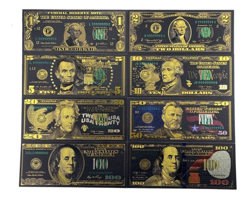Kit 8 Cédulas Notas Dolar Americano Black Coleção Ouro