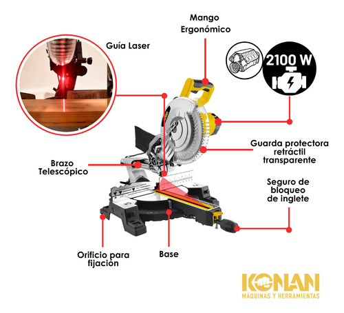 Sierra Ingletadora 305mm 2100w Telescópica Láser Disco Konan KSI/12L 220V