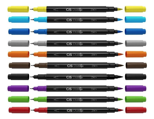Kit Caneta Brush Cis Dualtip Aquarelável 10 Cores