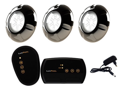 Kit Led Piscina C/ Mod Luxpool + 3 Leds Rgb 9w Inox + Fonte