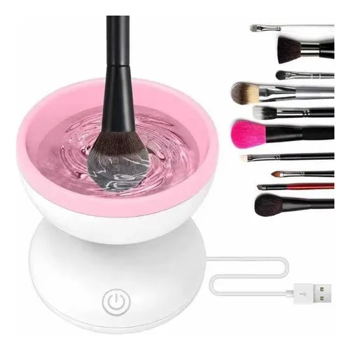 Máquina limpiadora de brochas de maquillaje eléctrica rotativa de color blanco con color rosa