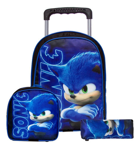 Mochila Infantil Masculina Escolar Sonic Lancheira Estojo