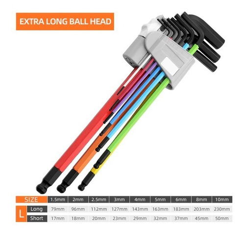 Juego De Llaves Allen Multicolor Hexagonales 9 Piezas Largas