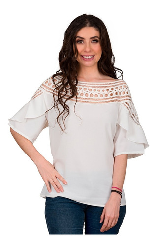 Blusa Ojal Encaje Manga Corta Dama Moda Mujer Vsz8012-g