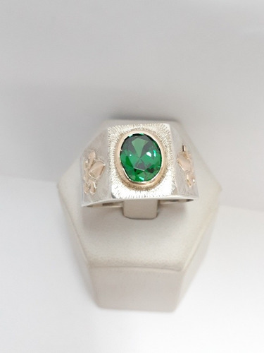 Anillo Sello Mesa Piedra Verde De 10x8 Plata Y Oro Caballero