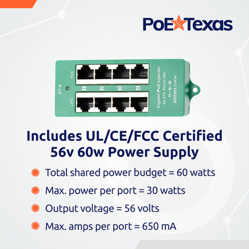 Inyector Poe/poe 4 Puertos 56v 60w Gigabit