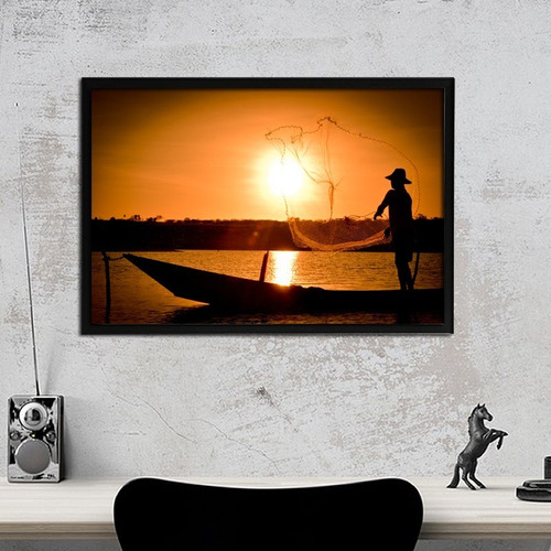 Quadro Fotográfico Pescador  52x37cm C/ Vidro/moldura