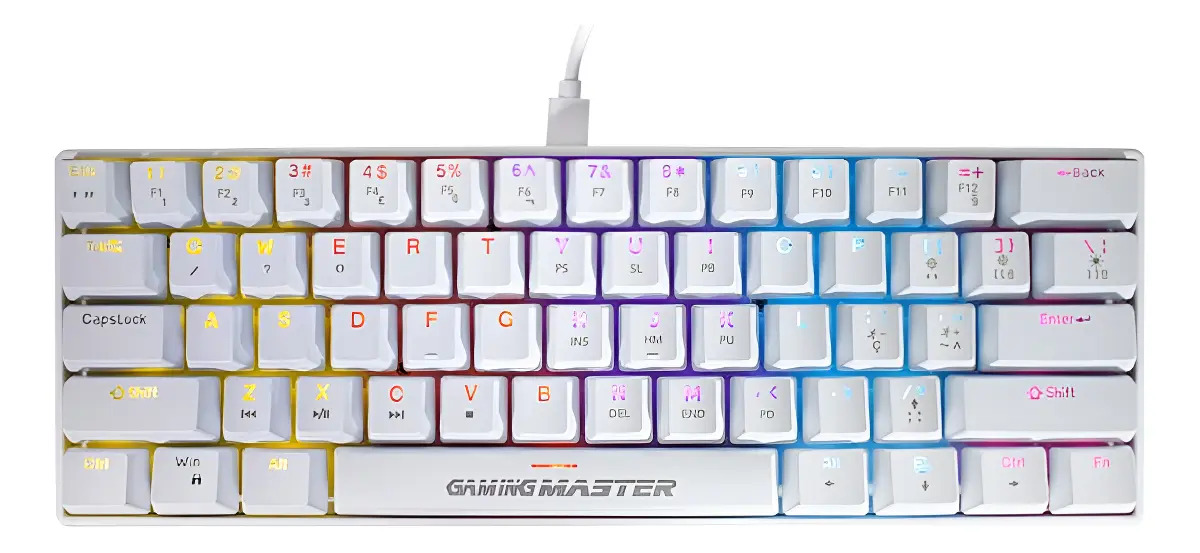 Teclado Gamer Mecânico K-Mex KBW8 Branco Switch Azul RGB 60% ABNT2