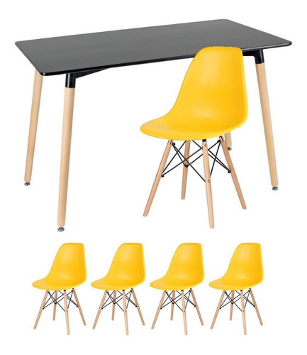 Kit Mesa Jantar Eames Retangular  4 Cadeiras Eiffel Wood Av Tampa Mesa preto com cadeiras amarelo