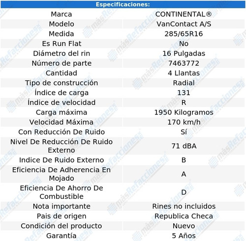 Kit De 4 Llantas 285/65r16 131r Continental Vancontact A/s