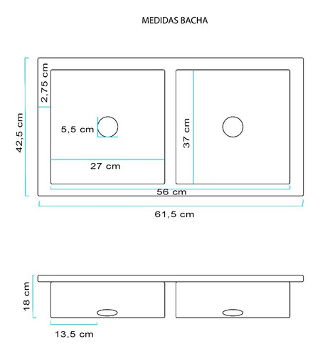 Imagen 2 de 4 de Bacha Cocina 56x37x18 Doble Dhinox Pileta Tabla Madera 29x40