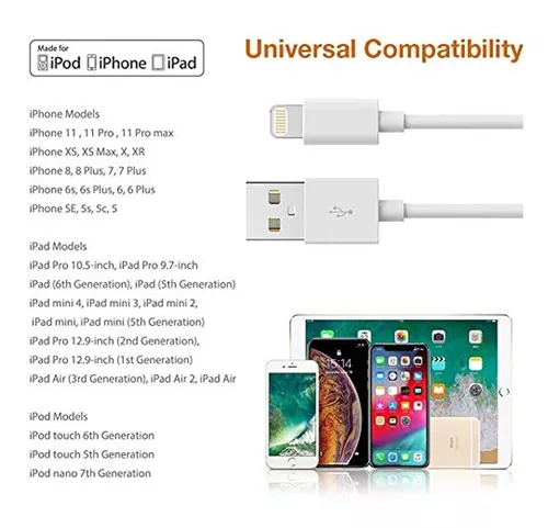  Paquete de 1 cargador original de Apple [certificado MFi de  Apple], cable Lightning a USB compatible con iPhone Xs  Max/Xr/Xs/X/8/7/6s/6plus/5s, iPad Pro/Air/Mini, iPod Touch (blanco 2M/6.6  pies) : Electrónica