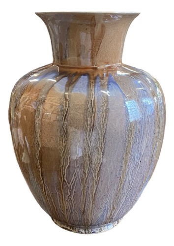 Vaso Em Cerâmica Laqueada Na Cor Azul E Bege Linda Decoração