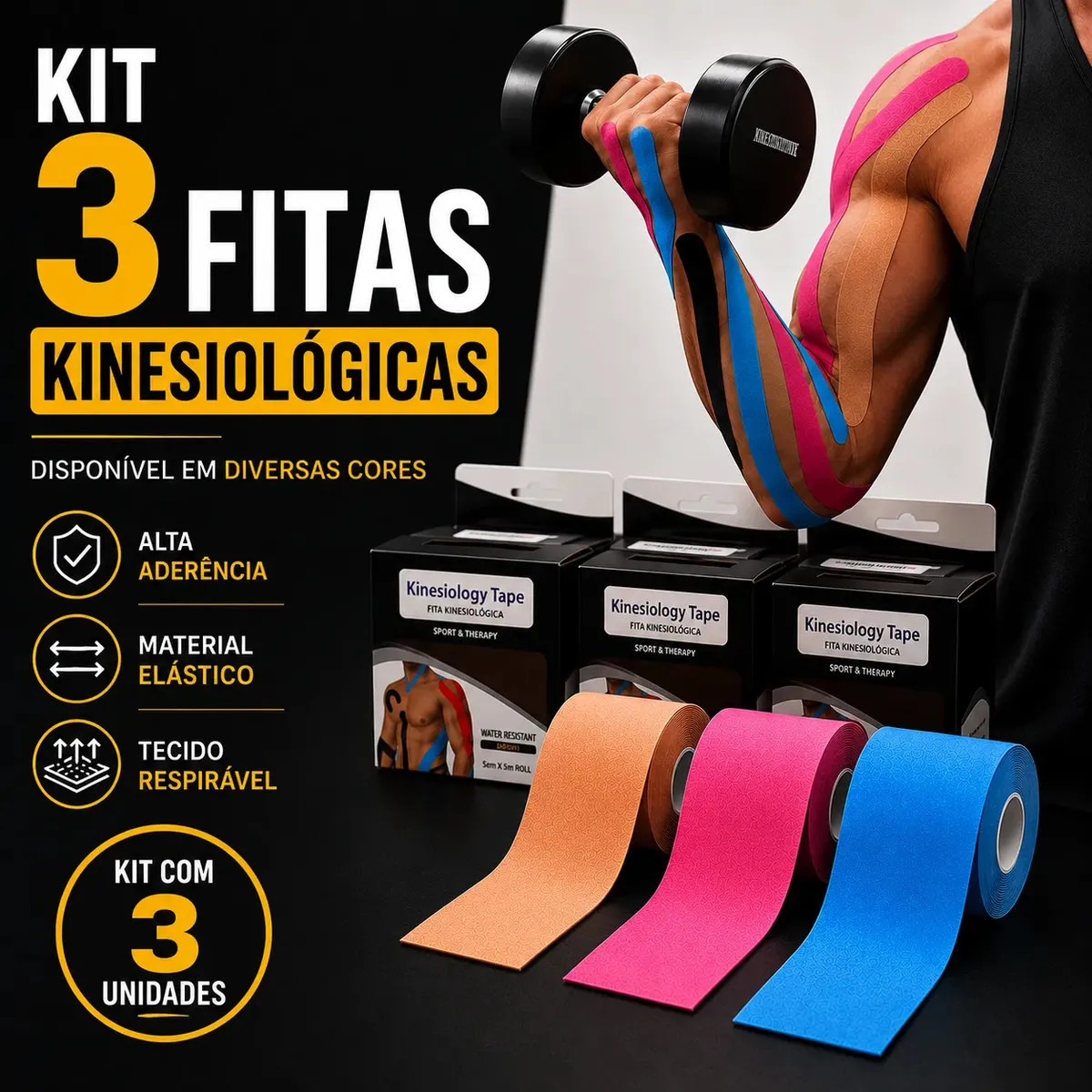 Kit 3 Fitas Kinesio Brisa.ecom Kinesiology Taping Fita Cinesiológica Adesiva 5 Metros Por 5 Centímetros Tape Bandagem Elástica Articular Esportivas Corrida Academia Muscular Fisiot