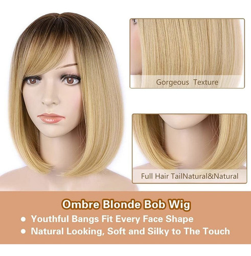 Peluca Rubia Con Flequillo Peluca Recta Corta Bob Para Mujer