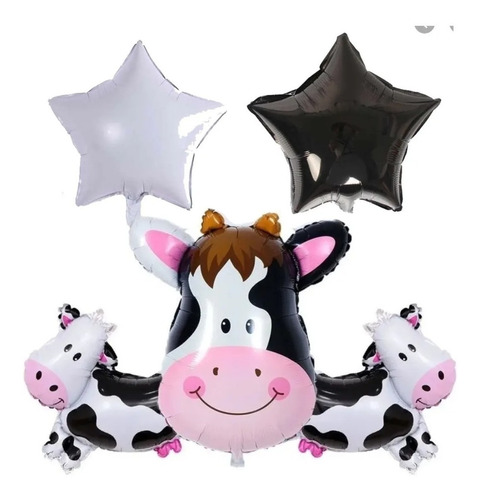 Kit 5 Globos Vaca Manchas Decoracion Fiesta Blanco Negro Cum