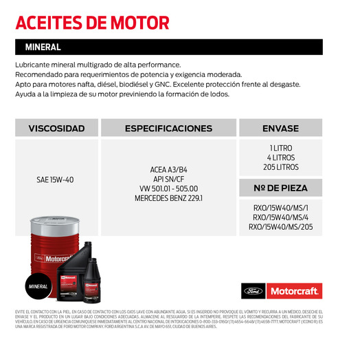 Imagen 2 de 5 de Aceite 15w40 Mineral X 4 Lts Motorcraft Rxo/15w40/ms/4