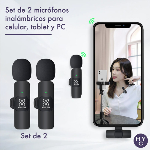 Microfono Inalambrico Periodista 2 Mic Celular Usb Tipo C - Color Negro Megan TEch