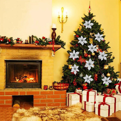 24 Uds. Flores Artificiales De Navidad Con Purpurina