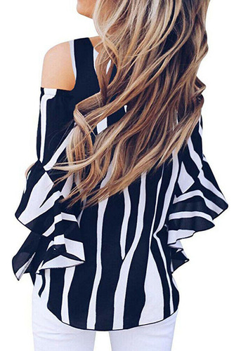 Blusa A Rayas Para Mujer, Hombros Descubiertos, Lazo En La C