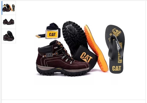 Kit Bota Adventure Caterpillar + Chinelo Carteira Cinto Palm