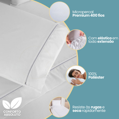 Jogo De Lençol Solteiro Padrão 3 Peças C/ Fronha Ponto Palito 400 Fios C/ Elástico Hotel Premium Cor Branco