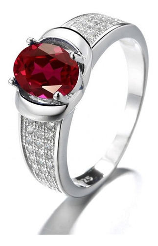 Anillo Plata 925 Mujer Circón Rojo Diseño Clásico Moderno