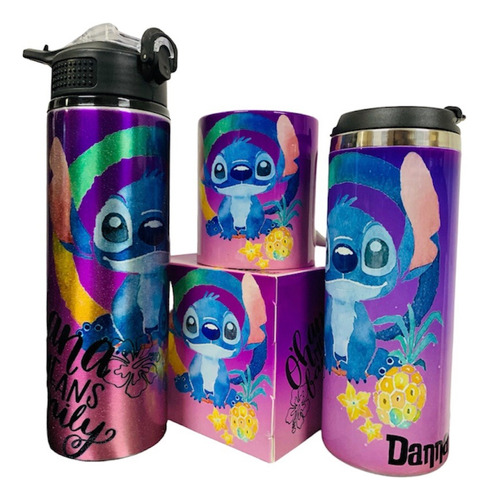 Paquete De Taza+termo+cilindro Stitch Rosa