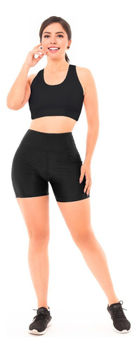 Conjunto Deportivo Mujer Short Biker Top Deportivo Licra Gym Negro Lisa Ch